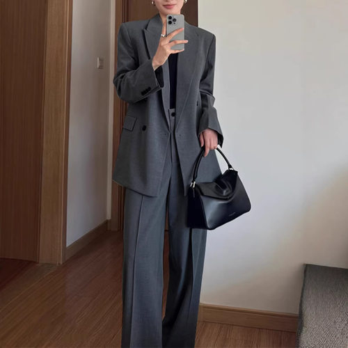 XZ209-西装外套女大码女装胖MM春秋灰色直筒裤休闲宽松西服套装