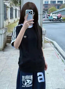 7018款圆领宽松男女短袖T恤三叶刺绣标运动休闲纯棉半袖上衣夏季