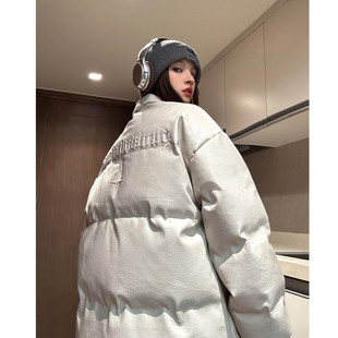 中性冬装 美式立领情侣宽松棉服加厚pu皮棉衣外套男女H912 P128