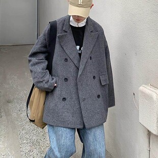 FT02条纹呢料 宽松大码情侣西装型风衣外套男 P98 控价118浅灰