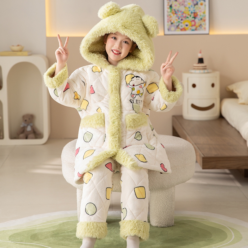 2025新款女童睡衣秋冬季款三层夹棉加厚儿童珊瑚绒大童女孩家居服