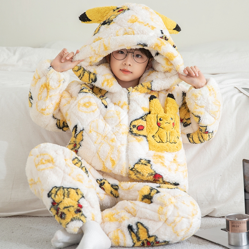 皮卡丘儿童睡衣三层夹棉加绒加厚珊瑚绒家居服法兰绒男童童装男孩