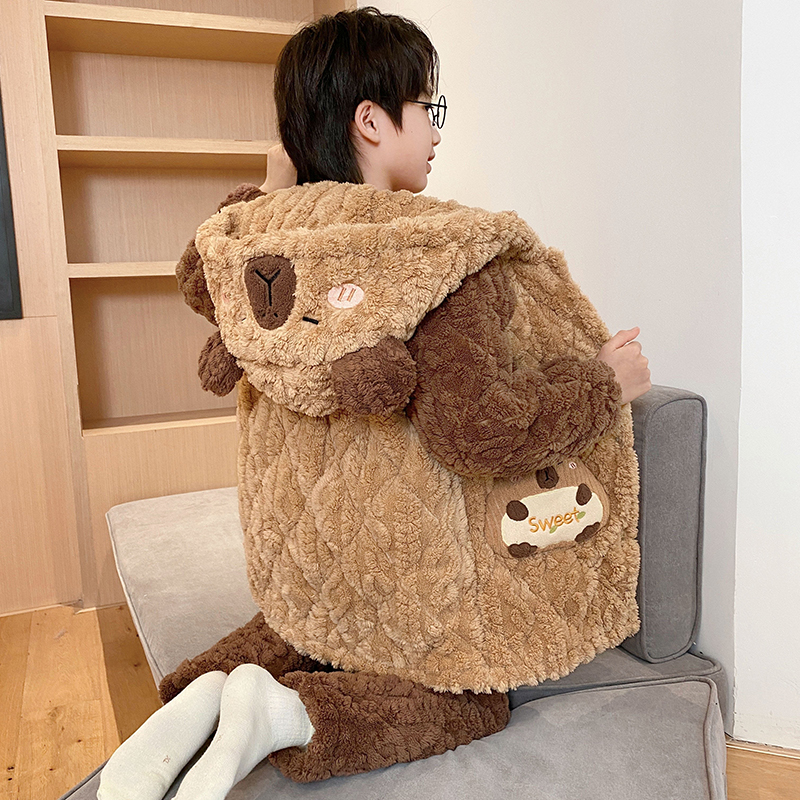 三层夹棉睡衣女秋冬季加绒加厚女童2025新款珊瑚绒儿童连帽家居服