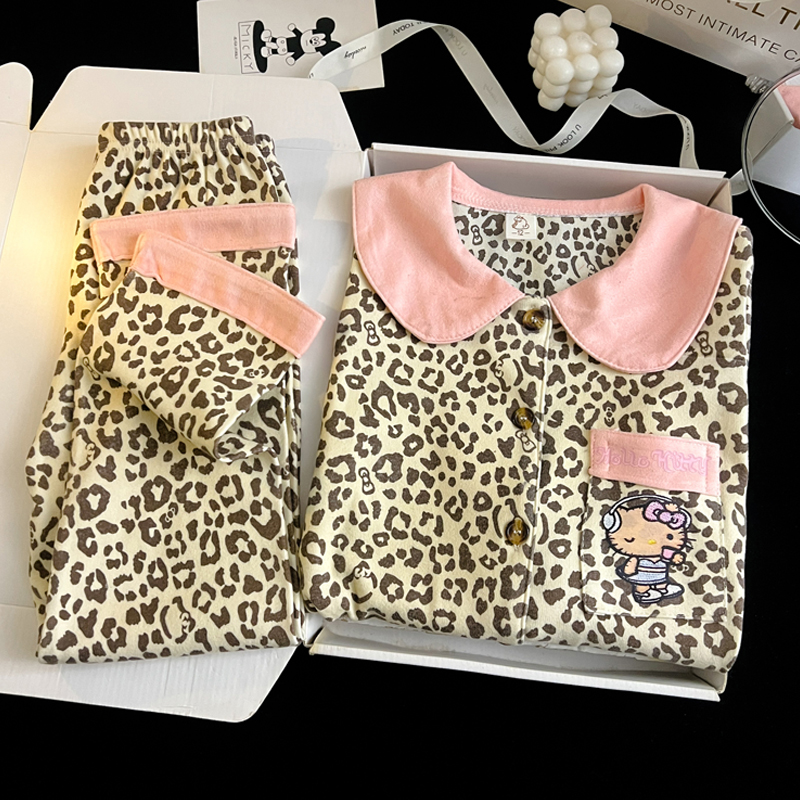 豹纹Kitty猫睡衣女童秋冬季新款保暖德绒开衫中大儿童母女家居服