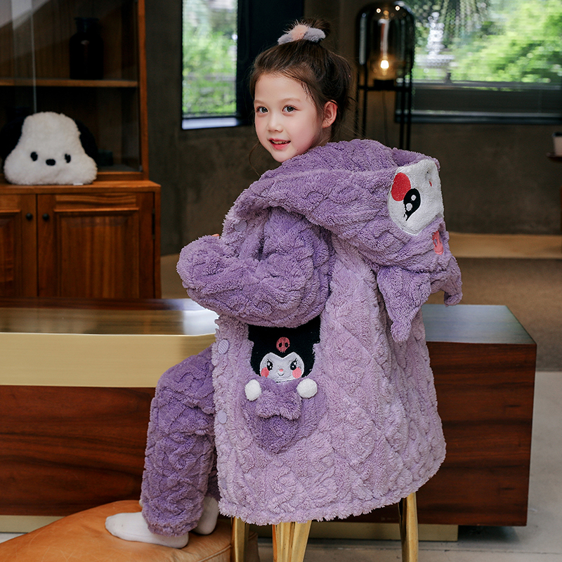 儿童睡衣女童冬季珊瑚绒三层夹棉加绒加厚睡袍女孩宝宝冬天家居服