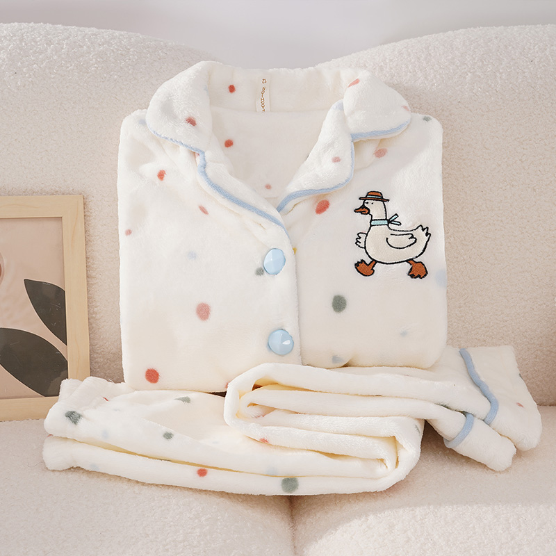 卡通可爱小鸭珊瑚绒睡衣女童冬季加厚保暖法兰绒女孩中大童家居服