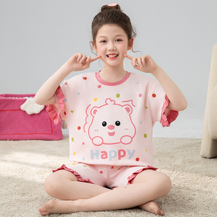 2025新款女童睡衣夏季纯棉短袖薄款儿童女孩中大童可爱家居服套装