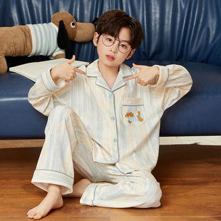 青少年男孩儿童家居服秋天款 男童睡衣春秋季 2026新款 薄款 纯棉长袖