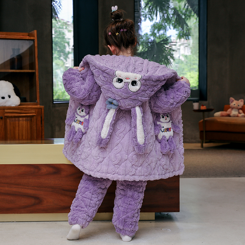 女童睡衣2025秋冬款儿童冬季珊瑚绒三层夹棉家居服加厚女孩法兰绒