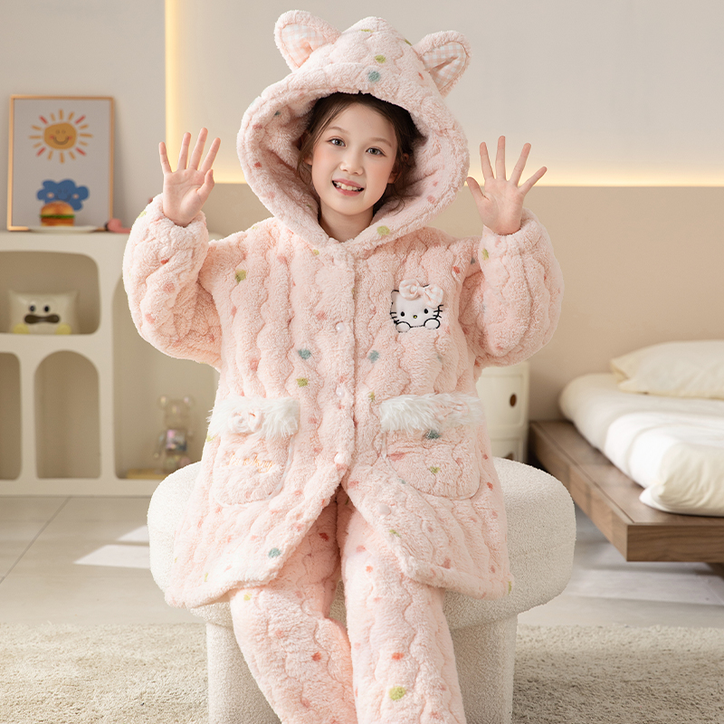 女童睡衣冬季夹棉法兰绒三层加厚款珊瑚绒女孩儿童家居服2025新款
