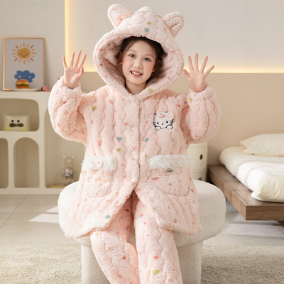 女童睡衣冬季夹棉法兰绒三层加厚款珊瑚绒女孩儿童家居服2025新款