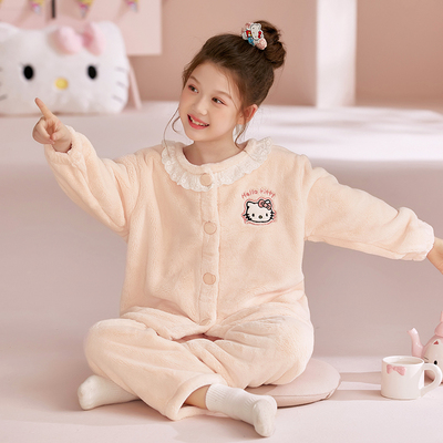 hellokitty公主睡衣女童珊瑚绒秋冬季加厚儿童法兰绒中大童家居服