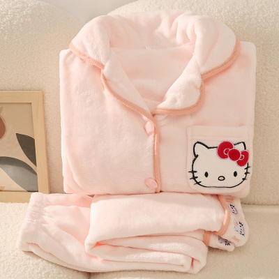 可爱hellokitty儿童珊瑚绒睡衣女童秋冬法兰绒保暖加绒大童家居服