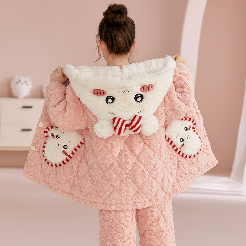 女童冬季睡衣儿童三层夹棉珊瑚绒加厚女孩家居服大童冬款2025新款