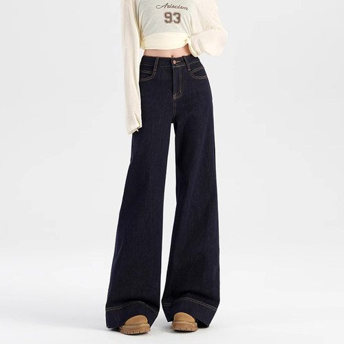 深蓝色百搭牛仔裤女2026春秋新款高腰显瘦时尚宽松设计感微喇裤子
