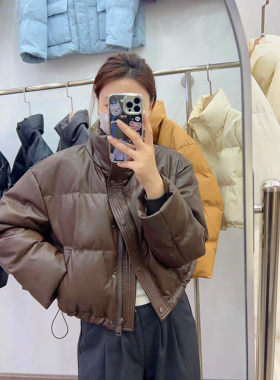 反季免洗PU皮羽绒服女短装2023新款冬季加厚立领面包服小个子外穿