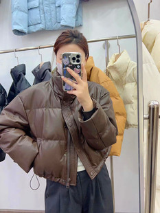 反季免洗PU皮羽绒服女短装2023新款冬季加厚立领面包服小个子外穿