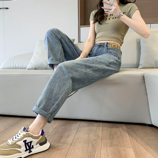 高腰显瘦舒适高个子百搭松紧腰老爹裤 简约哈伦牛仔裤 女2026春款