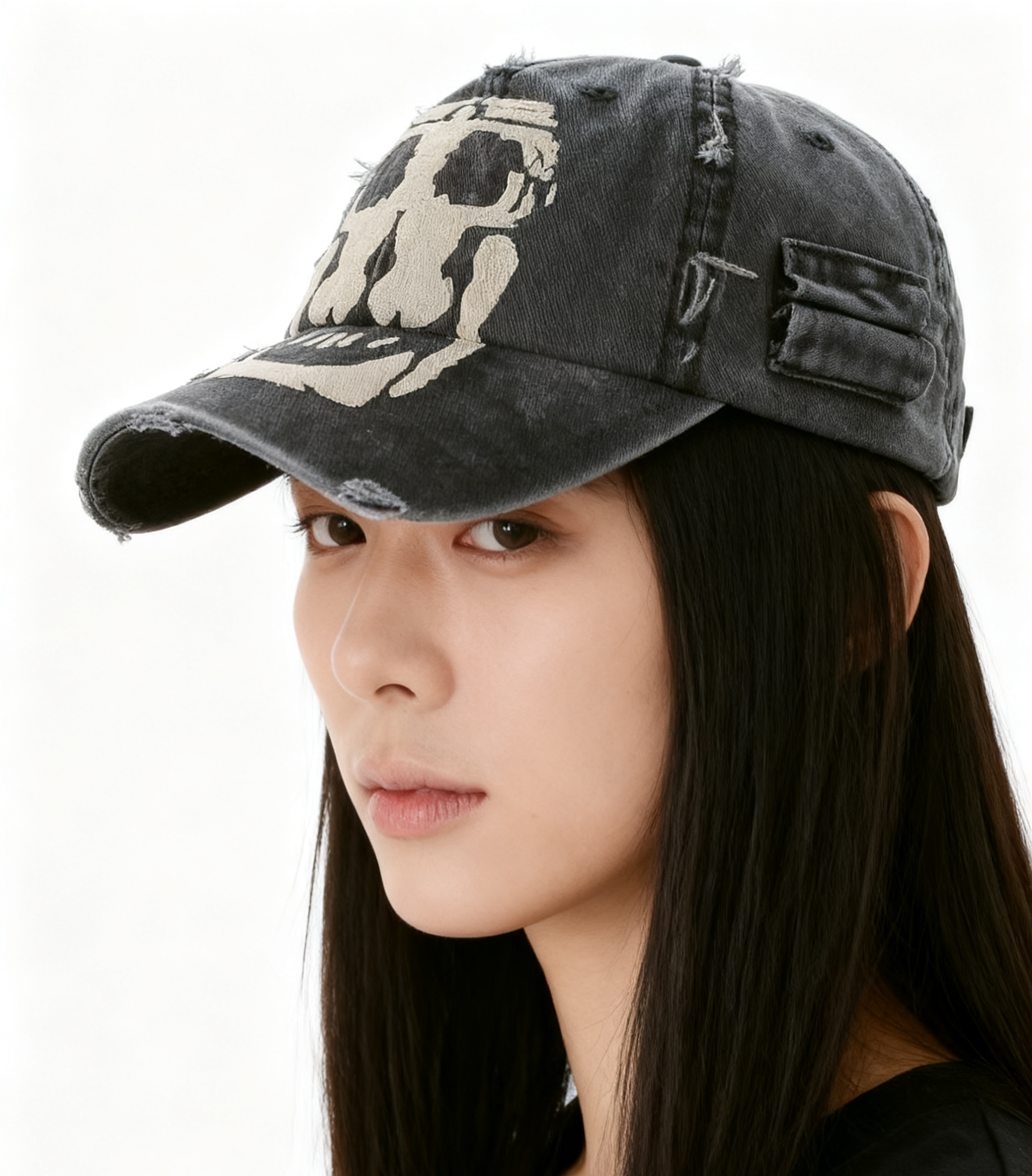 KetchupVintage裸女骷髅水洗做旧破坏刺绣美式鸭舌帽弯檐帽男女潮