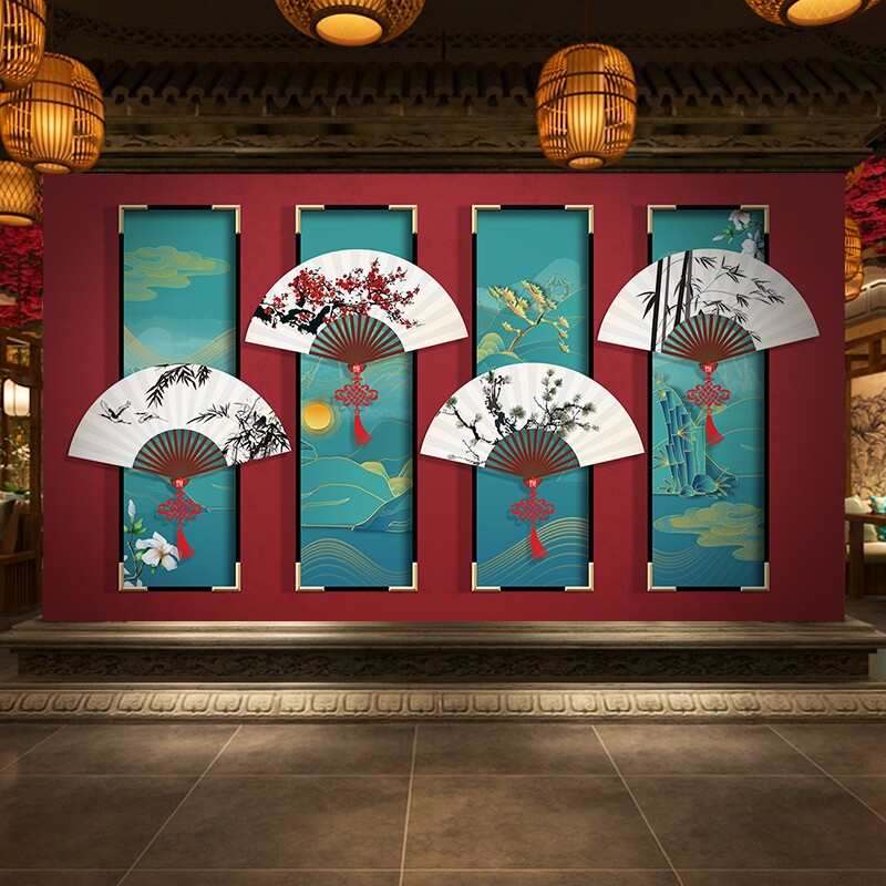 中国风国潮古风壁纸国学舞蹈舞台剧本杀装饰扇子古筝教室背景墙纸