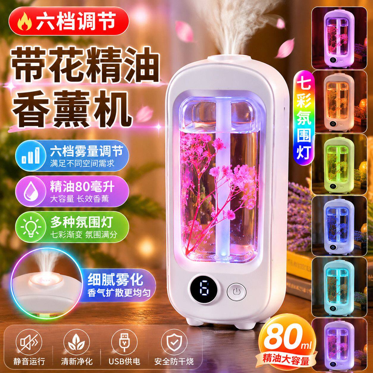 超声波香薰机家用定时充电全自动80ml大容量七彩氛围灯静音香氛机