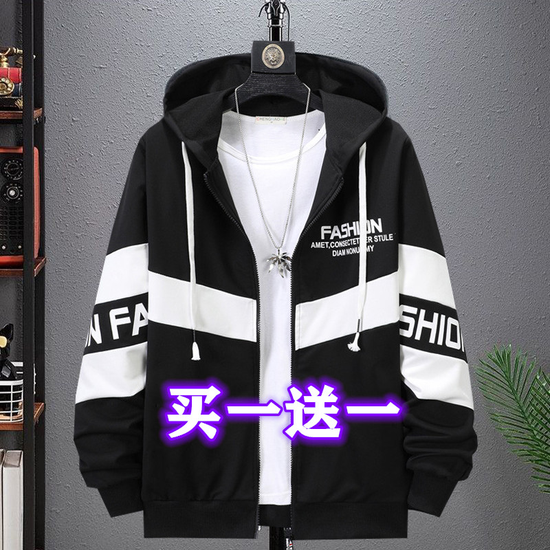 连帽春秋季宽松拼接夹克男