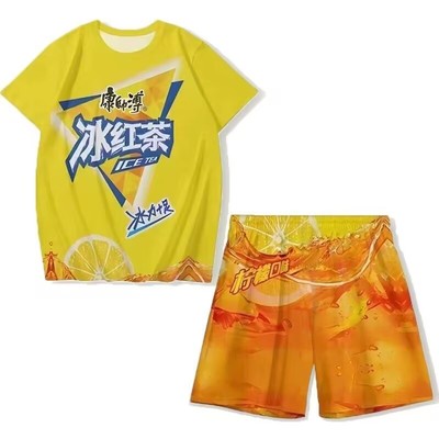 夏季爆款圆领两件套恶搞笑表情包冰红茶薄款宽松套装可外穿家居服