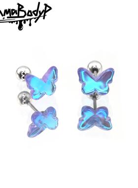 Shinma钛钢蓝色渐变蝴蝶甜美冬日新款可爱氛围耳钉耳骨钉