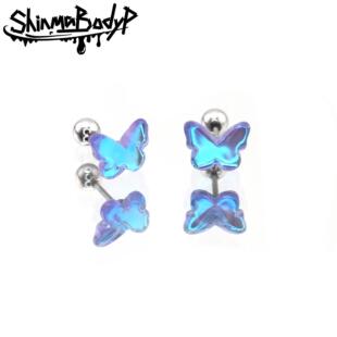 可爱氛围耳钉耳骨钉 Shinma钛钢蓝色渐变蝴蝶甜美冬日新款
