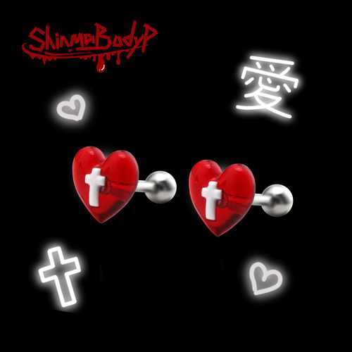 红爱心十字契约耳钉树脂亚比辣妹