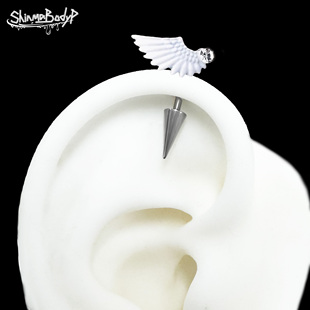 哥特 Shinma钛合金天使&恶魔之翼内螺纹尖锥耳骨钉圣洁小众个性