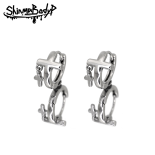 Shinma钛钢银色双实十字架挂坠设计亚比气质耳环耳骨环小众耳饰