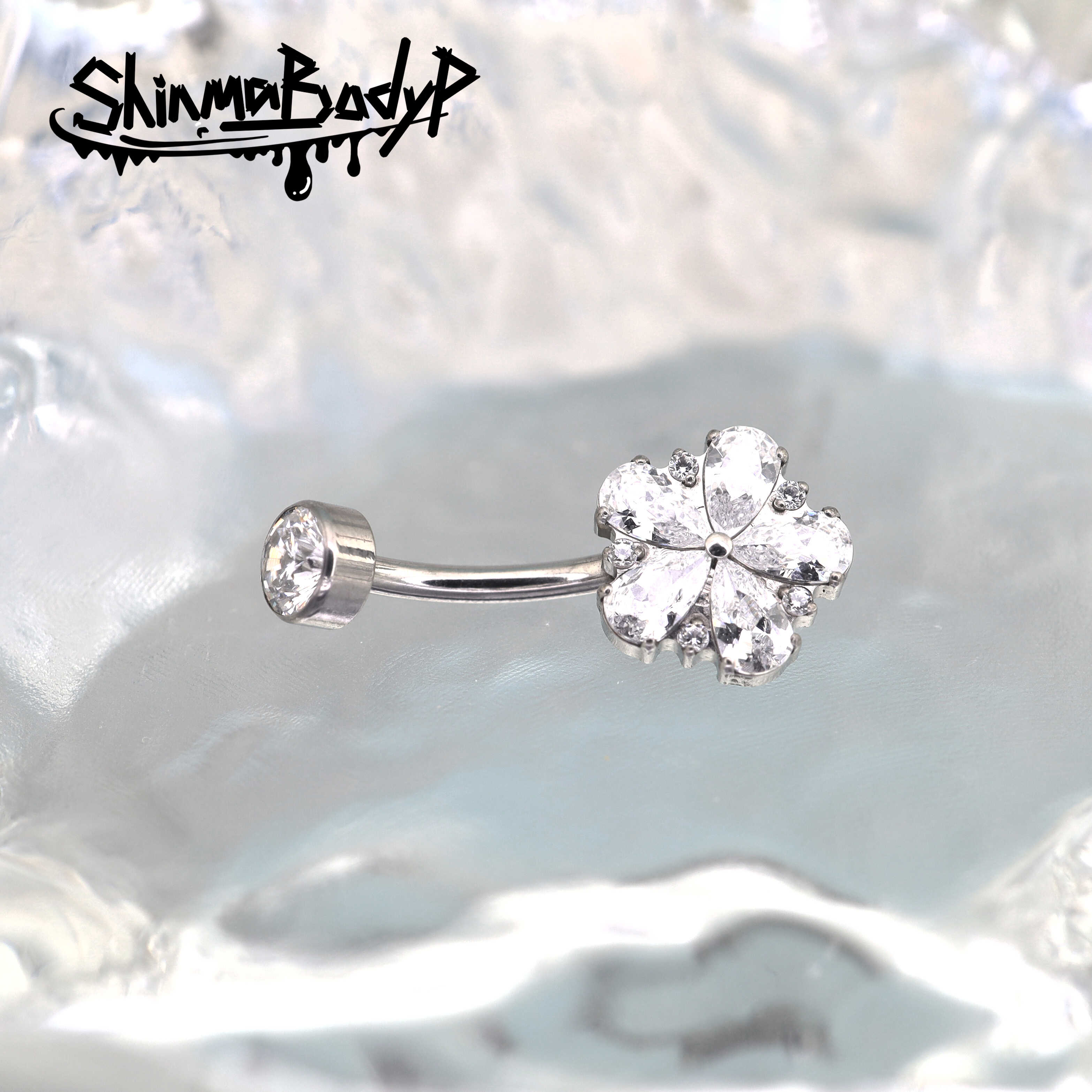 Shinma F-136钛合金白色锆石五瓣花桃花樱花肚脐钉内螺纹气质穿刺