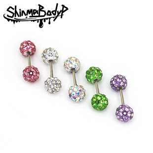 Shinma爆闪满钻双球0.8细杆钛钢彩色耳钉耳骨钉辣妹小众甜美穿刺