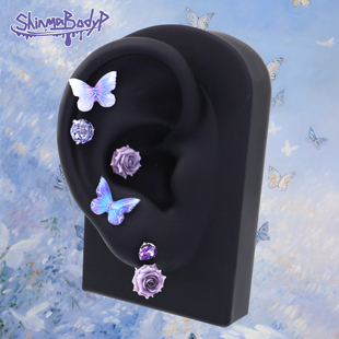 Shinma 耳钉耳轮钉耳骨钉少女仙气梦幻花朵蝴蝶玫瑰紫 蝶恋花语