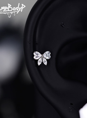 Shinma【甜心结】F-136钛合金蝴蝶白色爱心锆石甜美可爱耳钉唇钉