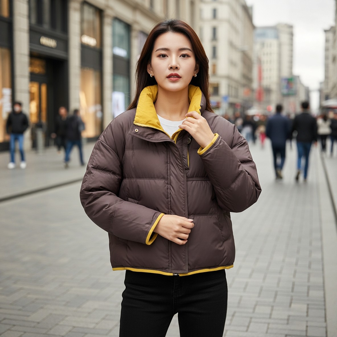 专柜同款白鸭绒立领撞色拼接羽绒服女短款面包服显瘦保暖外套