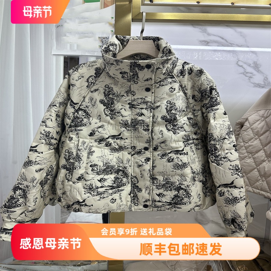 专柜品牌折扣2023冬款羽绒服个性国潮宽松小香风短款提花羽绒服