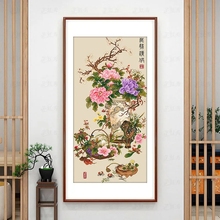 玄关手工古绢 牡丹国画竖版 岁朝清供图十字绣2022新款 线绣客厅经典