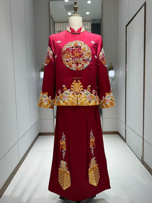 男士秀禾服新中式红色刺绣新郎结婚订婚龙凤褂大码男装出租定制