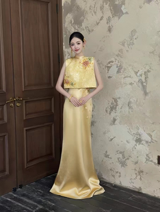 出租金宝金枝露旗袍两件套新中式结婚新娘礼服金色黄色刺绣敬酒
