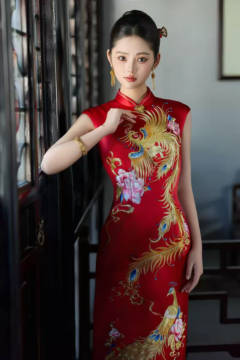 金宝2026新款红色旗袍结婚订婚敬酒礼服中式刺绣凤凰新娘礼服租赁