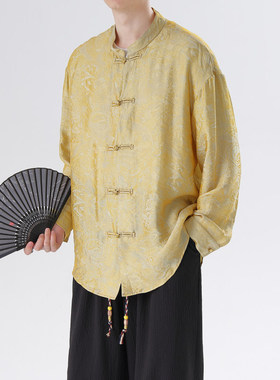 老钱风浮光锦缎罗马假日提花立领宽松大码铜扣盘扣长袖唐装C3467