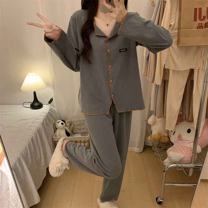 爆款德绒睡衣女款秋冬2024新款洋气长袖开衫休闲家居服套装潮灰色