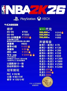 NBA2K26 PS XBOX代练 40级 解锁99经验 满徽章 专长 声望终身成就