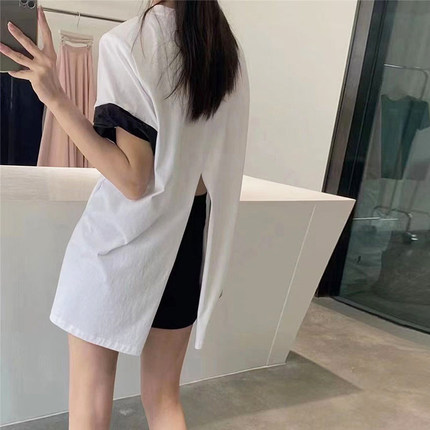 后背开叉短袖T恤女纯棉宽松夏季设计感小众拼色袖中长款垫肩上衣