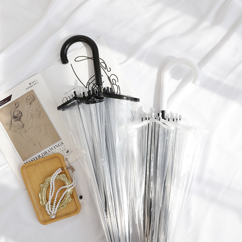 简约小清新透明雨伞女神加大双人长柄伞网红韩系透明伞直杆白色伞