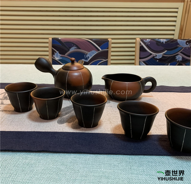 日本常滑烧急须 素三-106 窑变白立筋7点套组 纯手工侧把茶壶现货
