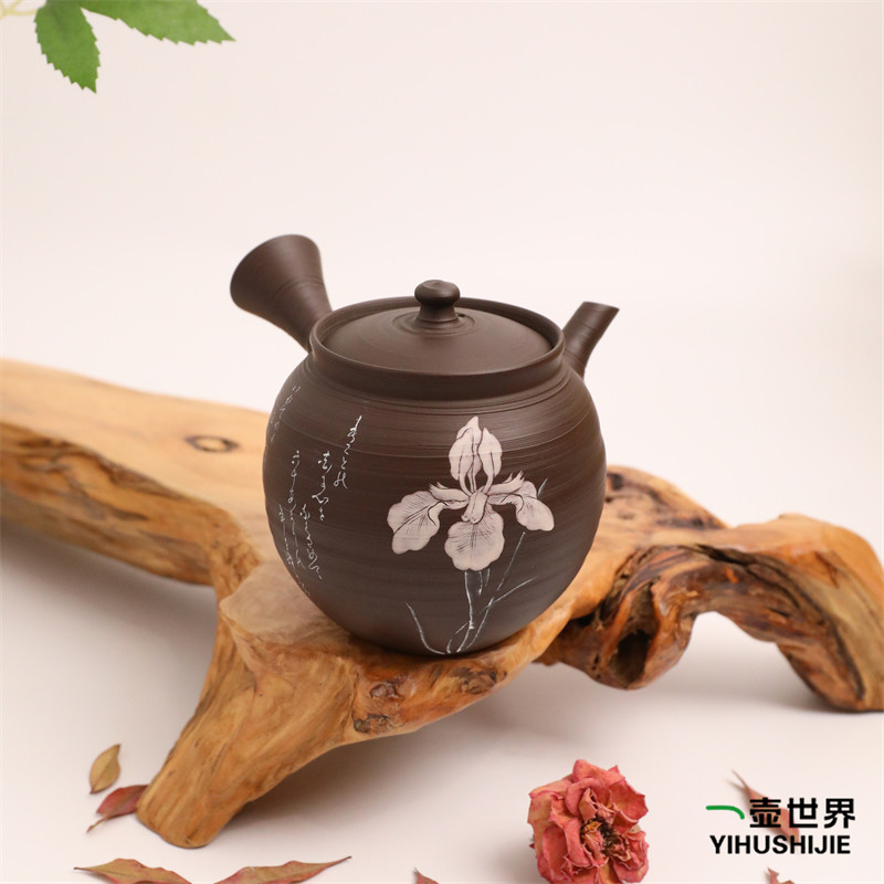 日本常滑烧风月作白道雕朱泥百合290ml纯手工日式侧把紫砂陶茶壶