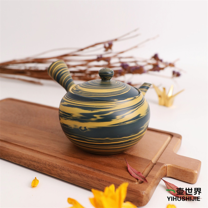 日本常滑烧急须 玉阳 黄蓝绞泥 280ml 纯手工侧把日式紫砂陶茶壶
